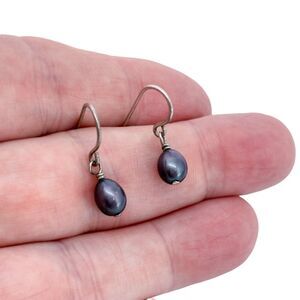 Black Faux Pearl Dangle Drop Earrings | Vintage Sterling Silver 925